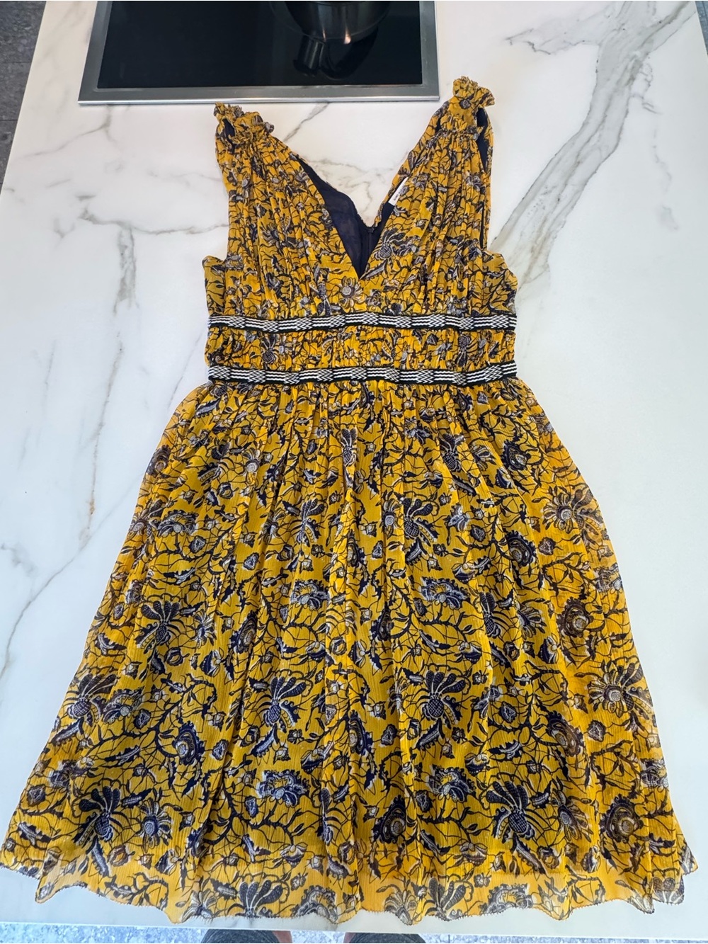 Yellow Floral V-Neck Dress with Black Accents